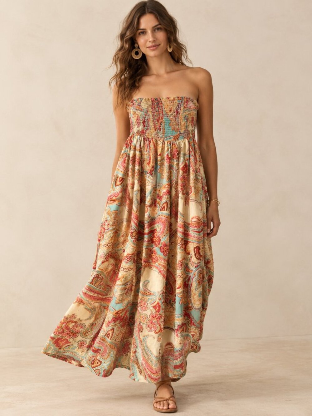 Boho Paisley Maxi Dress Portrait Size S Resort Romantic Renaissance